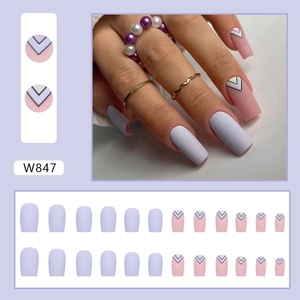 Lavender and pink matte V-shaped geometric long trapezoid press-on nails set of 24