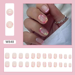 Pink gradient press-on nails with floral patterns model W848 full 24-piece set
