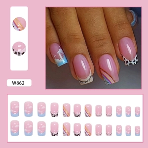 Rainbow stripe and cow print fake nails in medium long square shape with clouds