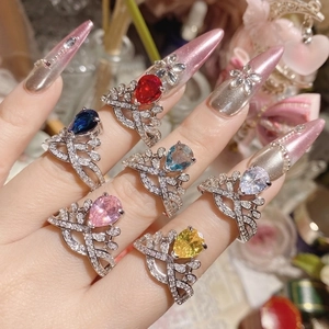 Victorian Water Drop Crown Ring For Women Copper Rhinestone Adjustable Open Ring Pear Shaped Rainbow Jewelry Gift