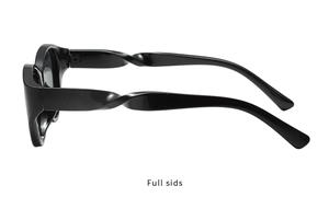 Detailansicht der schwarzen Cat-Eye-Sonnenbrille mit einzigartigem Spiral-Bügel-Design
