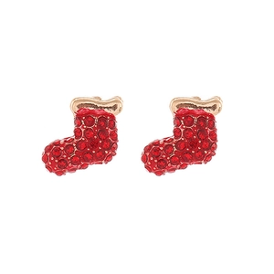 Detailed view of red rhinestone Christmas stocking stud earrings with gold trim