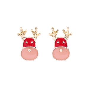 Detail of red and pink reindeer stud earrings in gold finish for Christmas holiday