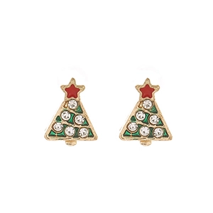 Detailed view of Christmas tree earrings with green enamel and white sparkling rhinestones