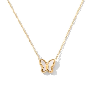 18K gold-plated butterfly necklace with white mother of pearl inlay on white background