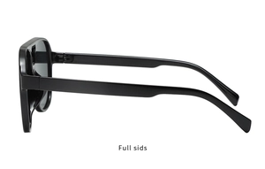 Side view of black square plastic sunglasses with glossy finish and modern full frame