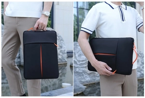 Detail of black waterproof laptop sleeve with orange zipper shown in dual carrying modes