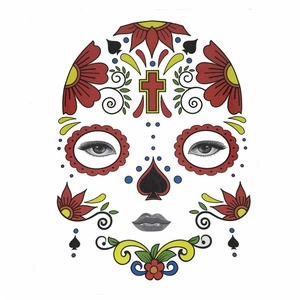 Detail of Day of the Dead face tattoo sticker with colorful floral and cross patterns