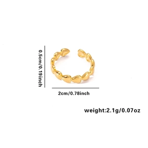 Detailed view of adjustable gold heart ring showing dimensions 0.5cm width and 2.1g weight