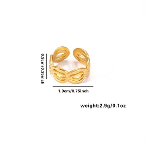 Golden stainless steel open ring with cutout design showing dimensions and weight