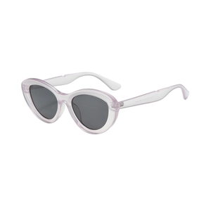 Stylish lavender cat eye sunglasses with dark lenses on a clean white background
