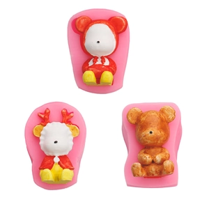 Pink silicone mold set for bear and reindeer fondant cake decor and DIY clay crafts