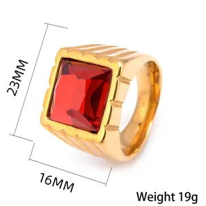 Men's gold-plated titanium steel ring with a square red gemstone, size 23x16mm
