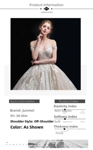 Detail view of off-shoulder wedding gown featuring heavy lace and sequin embroidery