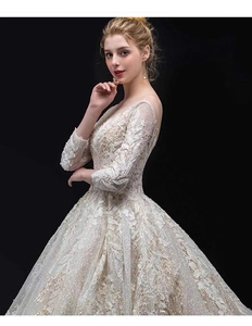 Detail of V-neck wedding dress with intricate lace floral embroidery and sheer sleeves