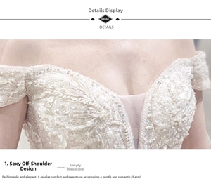 Close-up of luxury bridal gown showing intricate lace embroidery and hand-sewn pearls
