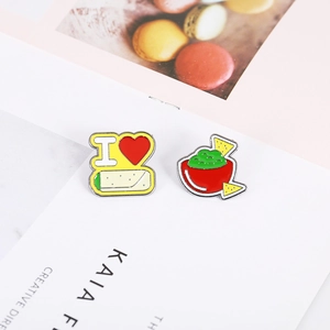 Cute enamel taco and avocado dip pins set with creative food cartoon design in silver metal