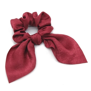Dark red satin scrunchie with bunny ear bow tail design for women hair styling