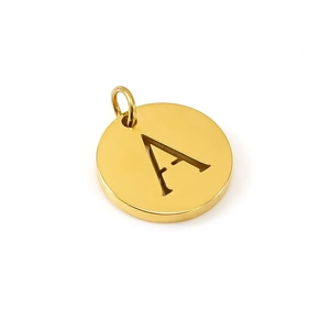 Polished gold stainless steel round pendant with a hollow letter A cut-out design