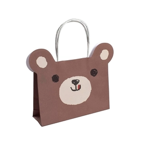 Cute brown bear cartoon paper gift bag with 3D ears and silver twisted rope handles