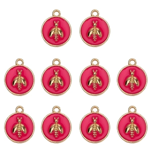 Set of 10 red enamel and gold bee charms for DIY jewelry making with top ring connectors