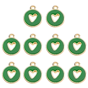 Set of 10 gold-plated hollow heart pendants with green enamel in a grid layout