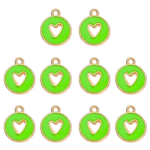 Detail of 10 bright green enamel heart charms with gold finish for DIY jewelry