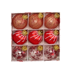 Set of 9 festive 8cm Christmas ball ornaments with red glitter patterns in a gift box