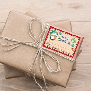 90PCS Christmas gift tags featuring Santa and train on kraft paper wrapped boxes