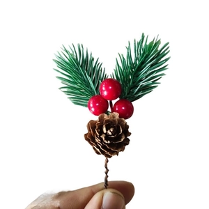 Christmas pine needle pick with red berries and natural pine cone for DIY decor