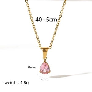 Detail view of pink teardrop gemstone necklace with dimensions 40+5cm length and 8mm pendant