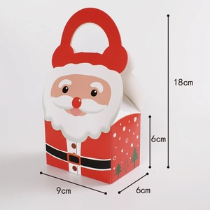 Detail of red Santa Claus candy gift box with size dimensions 18x9x6cm and handle design