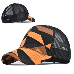 Tie-dye ponytail baseball cap with orange geometric pattern and black mesh back