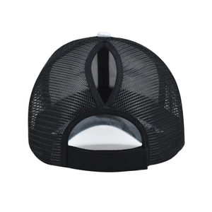 Women's black mesh ponytail baseball cap with elastic criss-cross back and denim detail
