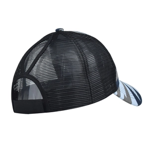 Detail view of tie-dye visor mesh cap featuring dual criss-cross back openings for high ponytail