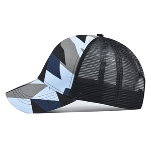 Detailed side view of camouflage baseball cap with breathable black mesh and curved brim