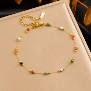 Retro stainless steel gold chain bracelet with colorful ethnic style stone beads