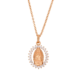 Virgin Mary oval pendant necklace in rose gold finish with zircon stones