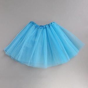 Detailed top view of blue multi-layered mesh tutu skirt with elastic waistband textures