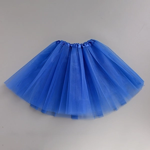 Detailed top view of a blue multi-layer tulle tutu skirt with satin elastic waistband