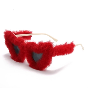 Red plush heart-shaped sunglasses for kids with ivory white frames and dark grey lenses