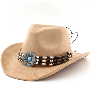 Western Cowboy Hat Faux Suede Beaded Band Turquoise Buckle Wide Brim Bohemian Style Vintage Jazz Fedora For Men Women