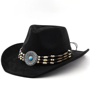 Detail of black felt cowboy hat featuring ethnic beaded band and turquoise metal ornament