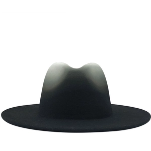 Classic black wool fedora with white gradient crown and wide flat brim for men and women