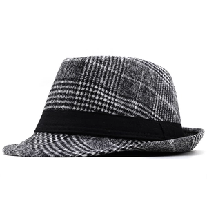 British style wool fedora hat with classic grey check pattern and black ribbon band