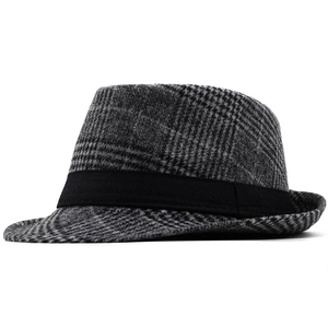Classic British grey plaid wool fedora hat with black decorative band on white background