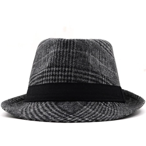 British style grey plaid wool fedora hat with elegant black ribbon trim and check pattern