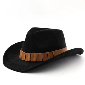 Klassischer schwarzer Wildleder-Cowboyhut mit braunem Lederband und dekorativen Nieten
