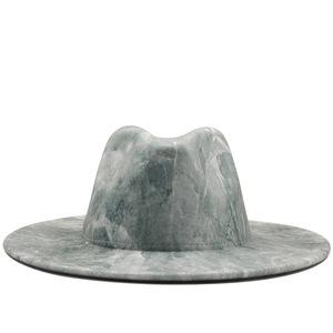 Close-up of marble texture grey wool jazz fedora hat showing intricate tie-dye fabric details