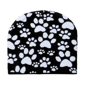 Winter knit beanie with black and white dog paw print pattern for women warm wear